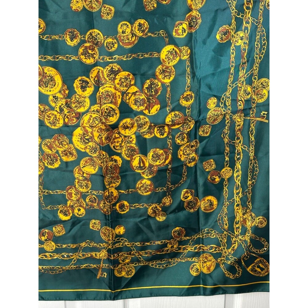 Ladies Scarf Gold Coin Design 100% Polyester 35in Square Deep Emerald Green - Picture 6 of 6